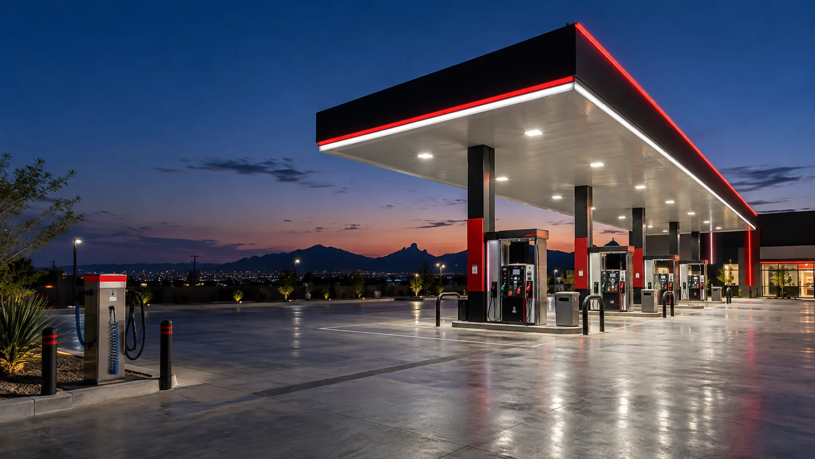 Concepto de estación renovada en rojo y negro, generado con IA