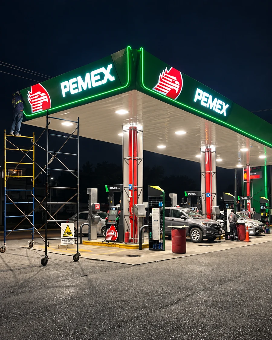 Imagen de estación PEMEX iluminada de noche